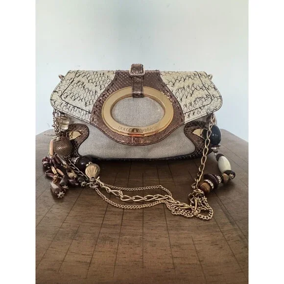 Dolce & Gabbana Y2K Brown Gold Leather & Jute Shoulder Bag Statement Charm Strap - Picture 1 of 16